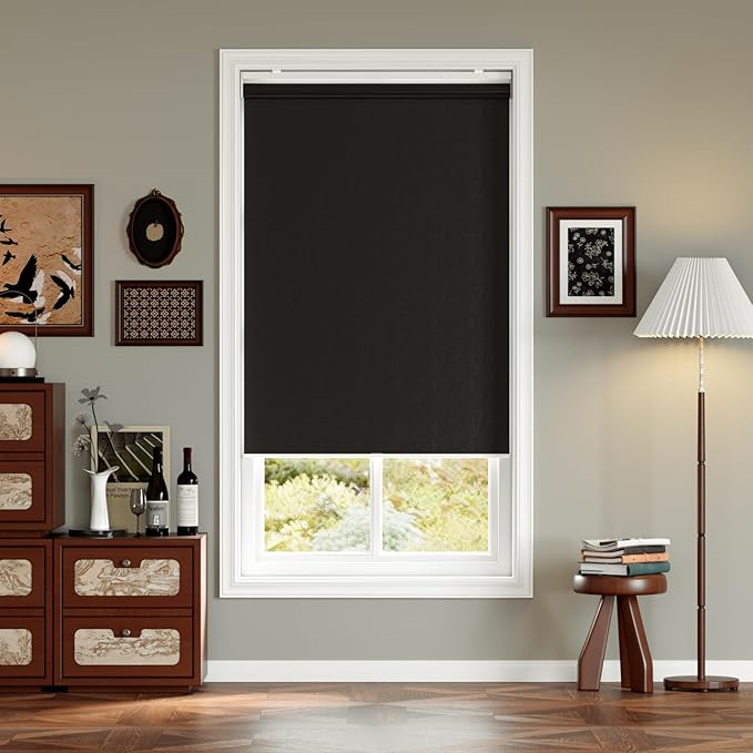 Cordless Roller Shades Blackout Blinds for Windows Room Darkening Rolled Up Shades with Spring System, UV Protection Window Shades Door Blinds for Home and Office (Black, 24" W x 72" H)