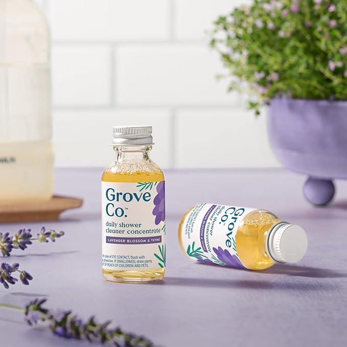 Grove Co. Daily Shower Cleaner Refill Concentrate (6 x 1 Fl Oz), Creates 32 Oz Cleaner, Removes Soap Scum, Scrub-Free, Plant-Based Household Cleaning Supplies, Lavender Blossom & Thyme Fragrance