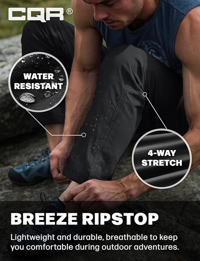 CQR Men's Lightweight Vent Hiking Pants, Water-Resistant & Breathable Sports Outdoor Athletic Pants with Elastic Waist