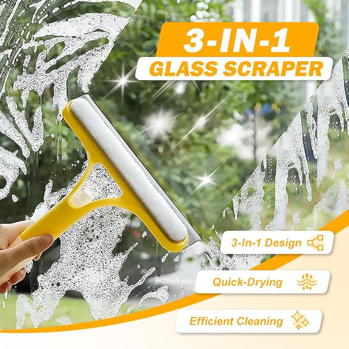 3 in 1 Window Cleaning Scraper, 2025 New Squeegee for Shower Glass, 3 in 1 Spray Function for Glass Doors for Windows Glass, Mirrors Scraper, Brush. All-Purpose Window Cleaner Tool (Blue+White)