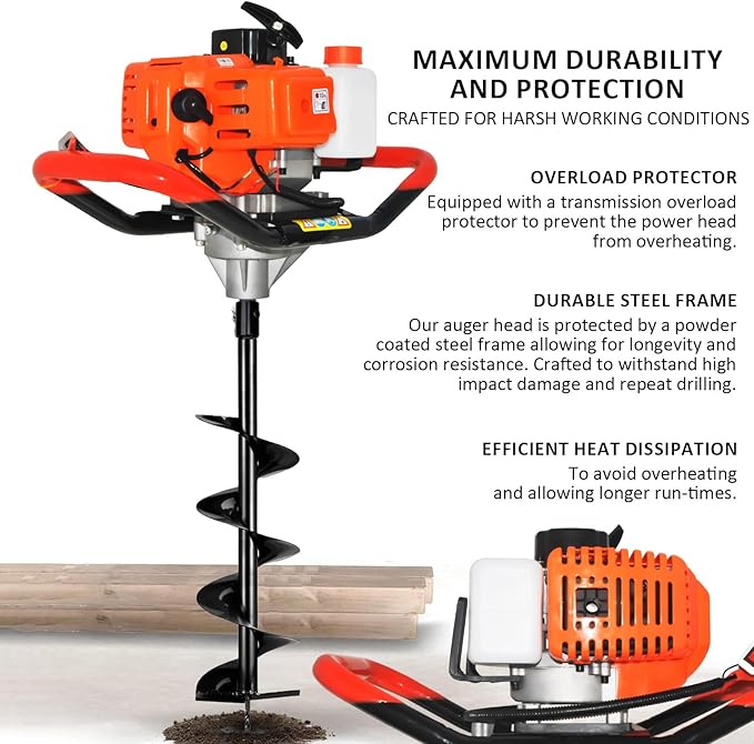 Post Hole Digger, 62CC 2 Stroke Auger Post Hole Digger, Gas Powered Earth Digger 3 Auger Drill Bits(3"& 6"& 8'') and 3 Extension Rods for Farm Garden Plant