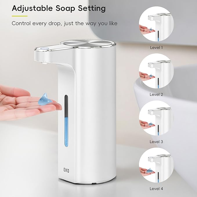 EKO Aroma Pro 13.5 fl oz Touchless Automatic Liquid Soap Dispenser, Rechargeable Electric Hand & Dish Soap Dispenser for Bathroom and Kitchen Sink, IPX7 Waterproof, Adjustable Volume Control (White)