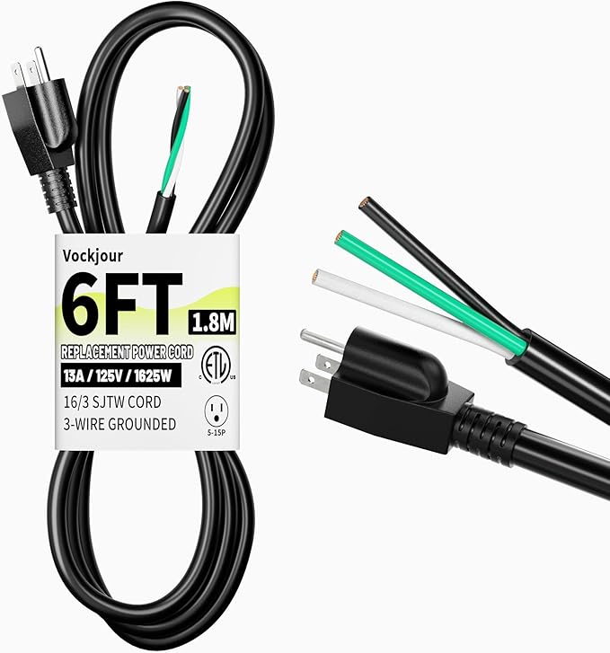 6 ft 16/3 Appliance and Power Tool Cord, 16 AWG 3 Prong Black Heavy Duty Replacement Power Cord with Open End, NEMA 5-15P, 125V AC Pigtail, 13A 1625W, ETL Listed