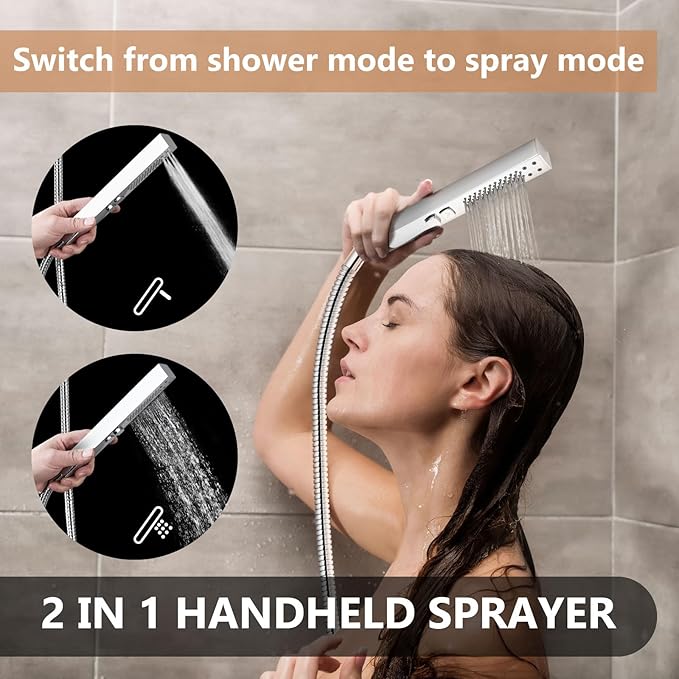 Shower Faucet Set Rainfall Shower System with Square Showerhead and Handle Set Fixture with 2 in 1 Function Handheld Sprayer Wall Mounted Trim Repair Kit Rough-in Valve 12 Inch Polish Chrome