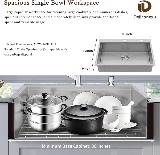 33x19 Drop In Kitchen Sink - Delironexu 16 Gauge Stainless Steel Sinks, 33 Inch Drop In Kitchen Sink Single Bowl, Top Mount Workstation Sinks with 6 Accessories Package