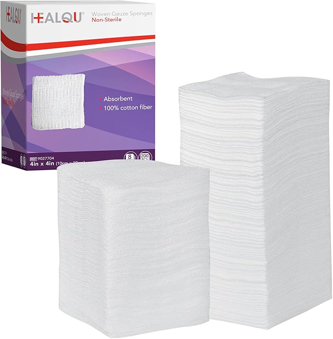 HEALQU 4x4 Gauze Pads - 12 Ply Woven Pack of 200 - Ultra Absorbent Soft Non-Sterile Surgical Sponges for Wound Dressing, Debridement, Cleaning and Prepping