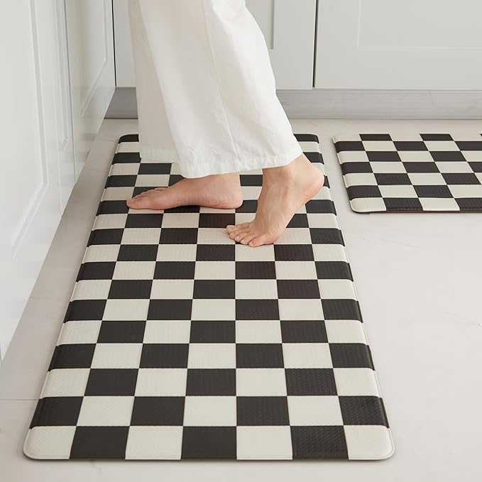 Checkered Kitchen Mats for Floor Set of 2, 2 Pcs Black White Cushioned Non Slip Runner Rugs for Kitchen/Sink/Laundry, Comfort Aesthetic Cute Anti-Fatigue Foam Floor Mat 17.3"x29.5"+17.3"x47.2"