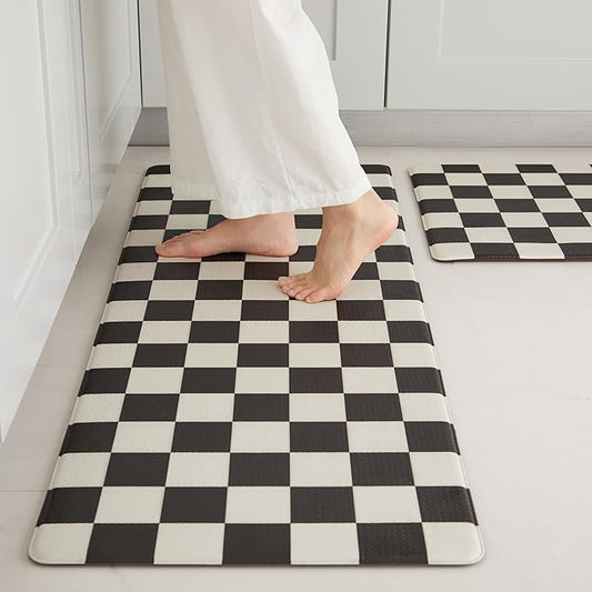 Checkered Kitchen Mats for Floor Set of 2, 2 Pcs Black White Cushioned Non Slip Runner Rugs for Kitchen/Sink/Laundry, Comfort Aesthetic Cute Anti-Fatigue Foam Floor Mat 17.3"x29.5"+17.3"x47.2"