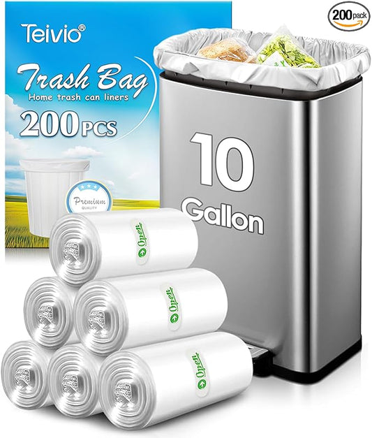 10 Gallon 200 Counts Medium Trash Bags Tall Kitchen Garbage Bags by Teivio, 9 Gallon 10 Gallon 11 Gallon,Bathroom Trash Can Bin Liners, Intended for Home,Plastic Bags for office kitchen, Clear