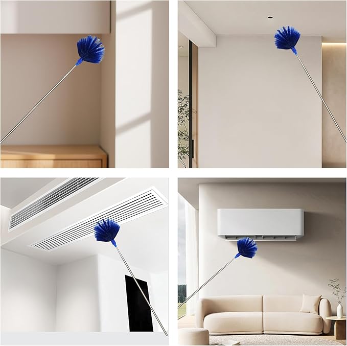 Cobweb Dusters with Extension Pole 100-inch, Spider Web Brush & Ceiling Cleaning Kit, Washable Cleaning Duster Kit with 2 Duster Heads, Cobweb Duster, Corner Brush for Ceiling Fan, Furniture, Home