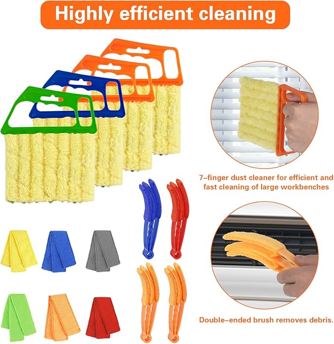 8pcs Window Venetian Blind Cleaner Duster Tool,Blind Duster for Cleaning,Microfiber 7Finger Duster Brush Dusting Cleaner Tool for Window Shutters Air Conditioner Vinyl Wood Blinds,with 8 Cloth Cover
