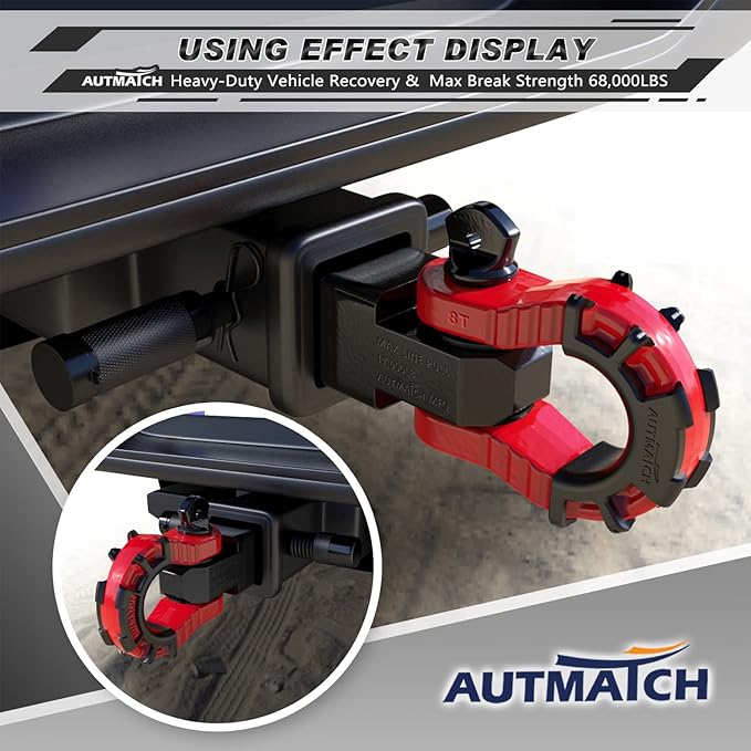 AUTMATCH Shackle Hitch Receiver 2" with 3/4" Mega D Ring Shackle and 5/8" Trailer Hitch Lock Pin, 68,000 Lbs Break Strength Heavy Duty Receiver Towing Kit for Off-Road Vehicle Recovery, Black & Red