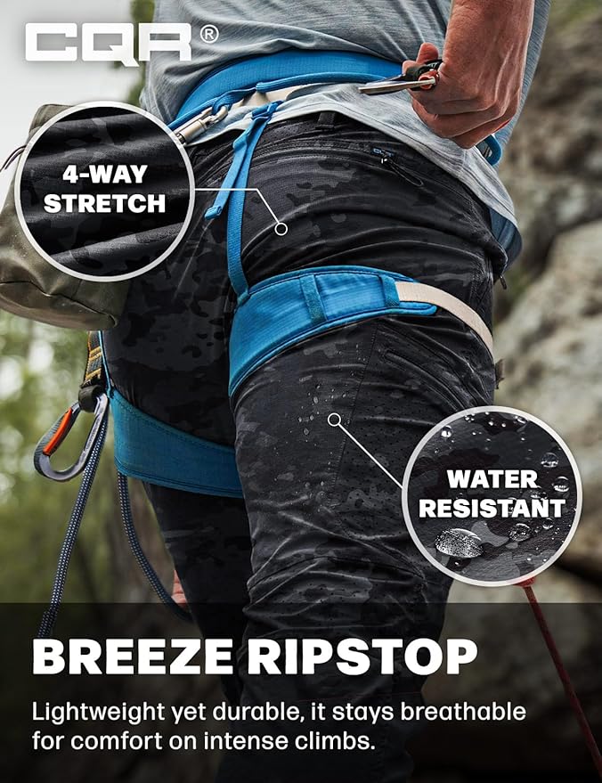 CQR Men's Lightweight Vent Hiking Pants, Water-Resistant & Breathable Sports Outdoor Athletic Pants with Elastic Waist