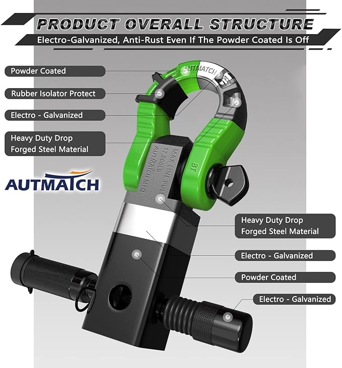 AUTMATCH Shackle Hitch Receiver 2" with 3/4" Mega D Ring Shackle and 5/8" Trailer Hitch Lock Pin, 68,000 Lbs Break Strength Heavy Duty Receiver Towing Kit for Off-Road Vehicle Recovery, Black & Green