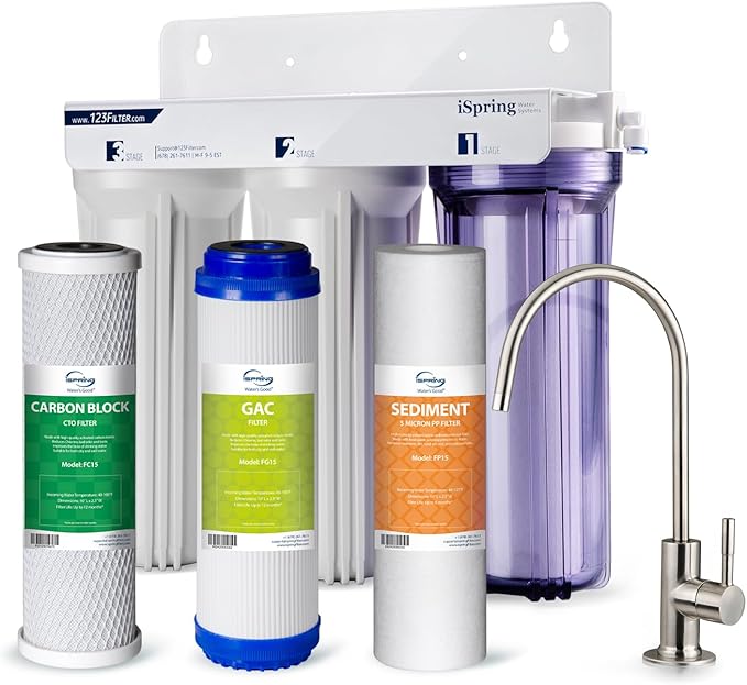 iSpring US31 Water Filtration System for Drinking, NSF Certified 3-Stage Water Filters, Tankless, High Capacity Water Filter System with Brushed Nickel Faucet