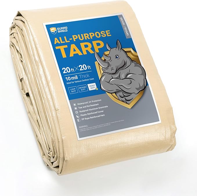 GUARD SHIELD Beige Tarp Heavy Duty Waterproof 20x20 Feet Outdoor Poly Tarps Cover Square Thick UV Resistant Canopy Tarpaulin with Grommets 10mil