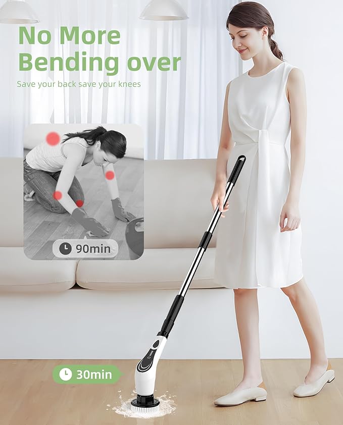 Electric Spin Scrubber with 8 Brush Heads, Extension Handle and 2 Speeds for Beginner, Teens.White-o1.