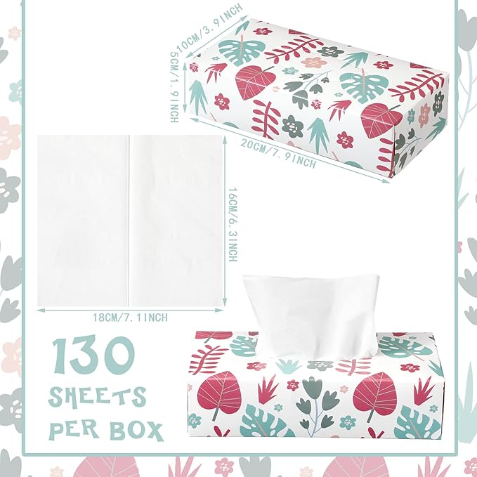 Yinder 12 Packs 1560 Sheets Soft Facial Tissues Box 2 Ply 130 Sheets Per Box Household Facial Tissues Bulk Fit for Bathroom Kitchen Office Car Home Use(Plant Flower)