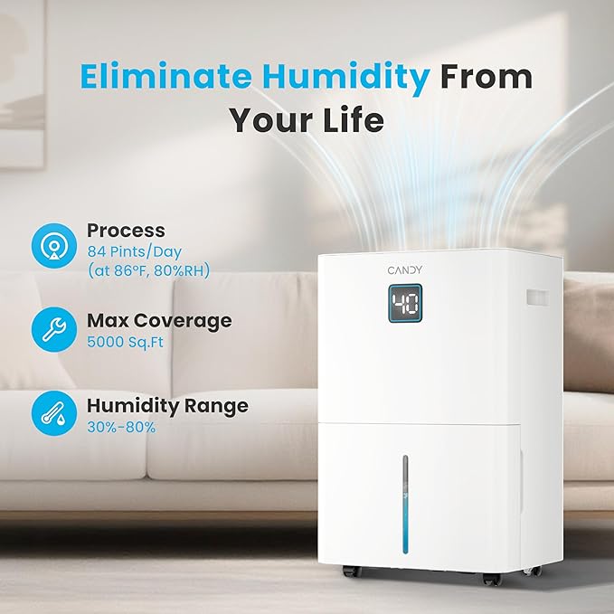 Candy 98 Pints Dehumidifier for Spaces up to 5500 Sq. Ft, Dehumidifiers for Home, Basements and Large Rooms with Drain Hose and 1.45 Gallons Water Tank