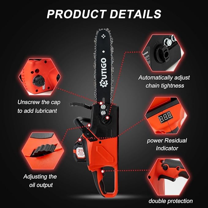 Cordless Electric Chainsaw, 1000W Brushless Chainsaw 12-Inch with 2×21V Batteries, 2 Replacement Chains & 1 Guide Bars & Charger, Bettery Electric Suit for Wood Cutting Trimming Branch