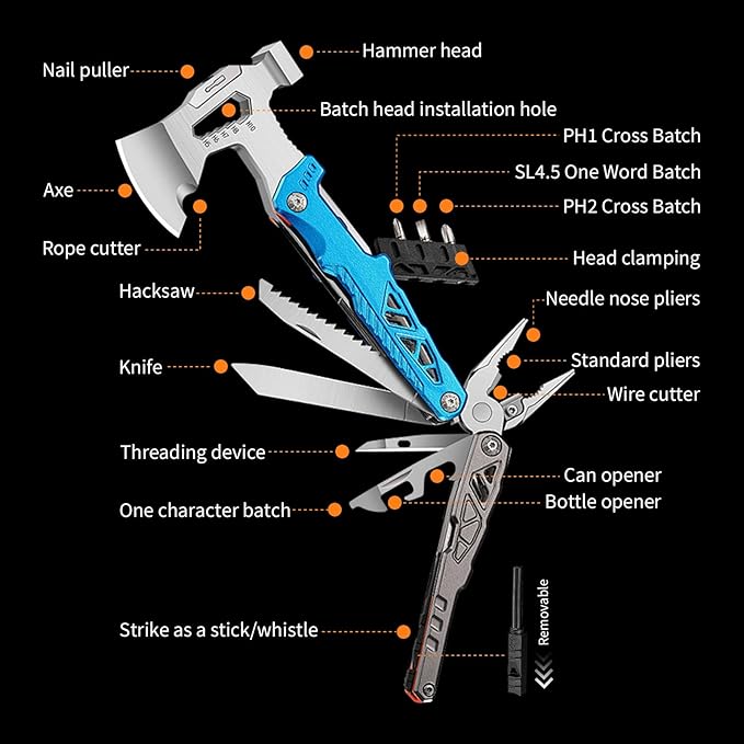 20-in-1 Camping Multitool, Survival MultiTool with Pilers,Axe, Adjustable Wrench, Hammer, Screwdriver, Pouch, Outdoor Hiking Multi Tool Carbon Steel Compact Hatchet Gifts for Men Dad Him