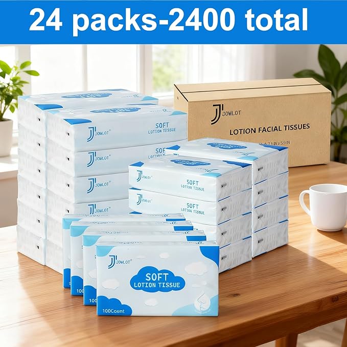 Lotion Facial Tissues - 2400 Sheets 3-Ply Ultra Soft Portable Travel Tissues for Sensitive Skin, Soothing and Gentle Tissues Bulk for Nose