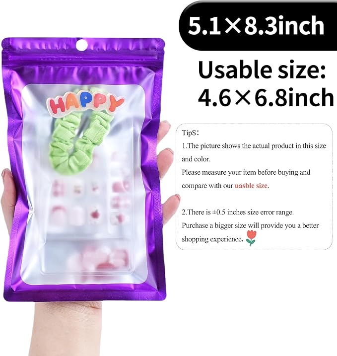 100 Pack Resealable Plastic Bags for Food Storage, Zipper Bags with Clear Front Window, Packaging Pouch for Small Business (Purple, 5.1x8.3 inch)
