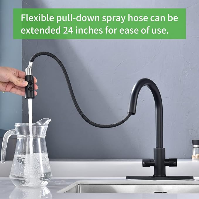 Kitchen Faucet, Two Handles Sink Faucet with Sprayer, Stainless Steel, Matte Black, PB1047