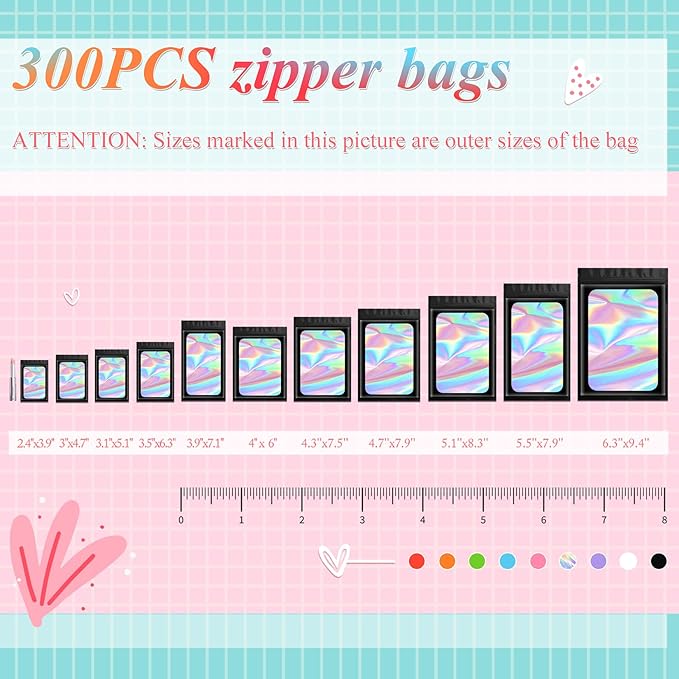 Funfery 300 Pack Smell Proof Resealable Bags for Food Storage,Holographic Bags 4.7x7.9 Black Mylar Clear Packaging Bag- Scent Proof for Cookies, Zip Foil Pouch for Small Business