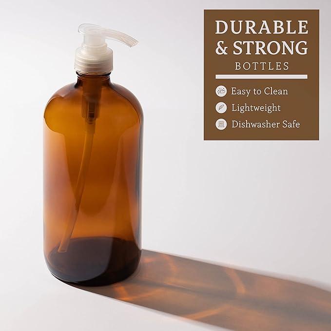 Kitchentoolz 32 Ounce Large Glass Pump Bottles - Refillable Dispenser for Laundry Detergent, Lotion, Soap, Shampoo, Oils. Amber Bottles with Natural Color Pumps - Pack of 4