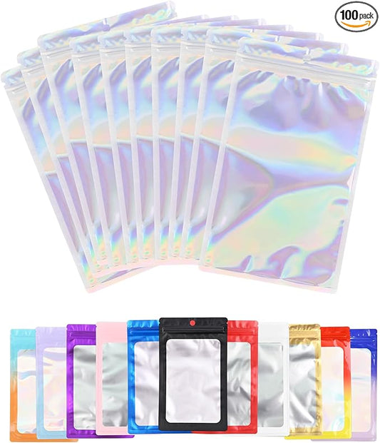 100 Pack Resealable Plastic Bags for Food Storage, Zipper Bags with Clear Front Window, Packaging Pouch for Small Business (Holographic, 3x8.8 inch)