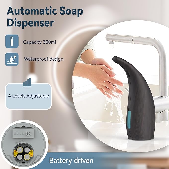 Automatic Soap Dispenser with Infrared Sensor - Adjustable 4-Level Touchless Hand Soap for Kitchen, Bathroom - Battery Operated Electric Dispenser, Durable Plastic, Smart Soap Holder(Deep Grain)