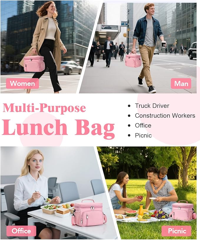 Insulated Lunch Bag for Men & Women - Leakproof Lunch Box Soft Cooler Tote, Adjustable Strap, Reusable Lunch Box for Work Office Picnic Beach Travel-Pink