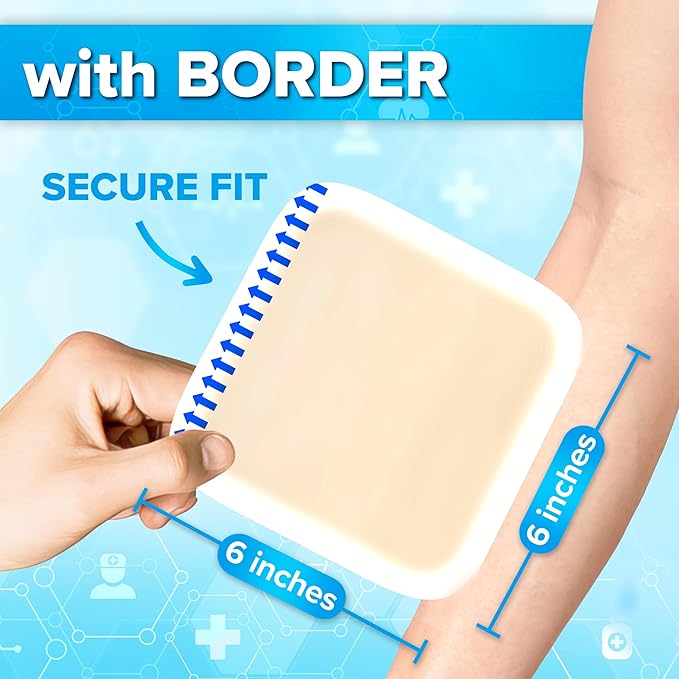 JJ CARE Hydrocolloid Dressing 6x6 [Pack 5], 1.2MM Thick Large Hydrocolloid Bandages with Border, Self-Adhesive Thin Hydrocolloid Wound Dressing, Wound Care Bandages for Bedsores and Blisters