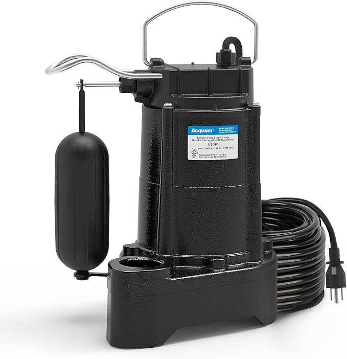 Acquaer 1/3 HP Submersible Sewage/Effluent Pump,3680 GPH Cast Iron Sump Pump with Automatic Integrated Snap-action Float Switch for Basement,Flooding Area…