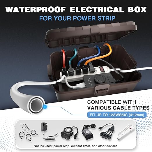 Flemoon Outdoor Electrical Box Waterproof, IP54 Waterproof Extension Cord Cover, Protect Outlet, Plug, Socket, Timer, Power Strip, Holiday Light, Large Weatherproof Connection Box, Brown