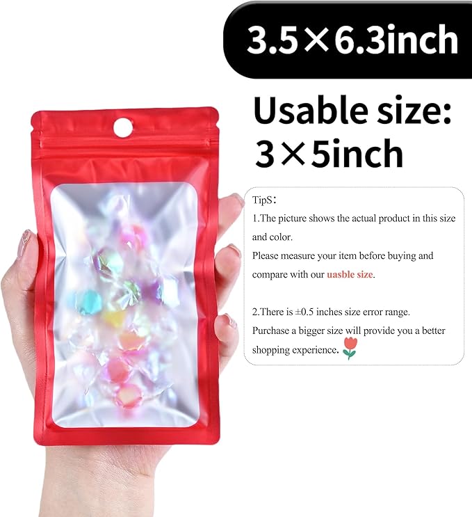 100 Pack Resealable Plastic Bags for Food Storage, Zipper Bags with Clear Front Window, Packaging Pouch for Small Business (Red, 3.5x6.3 inch)