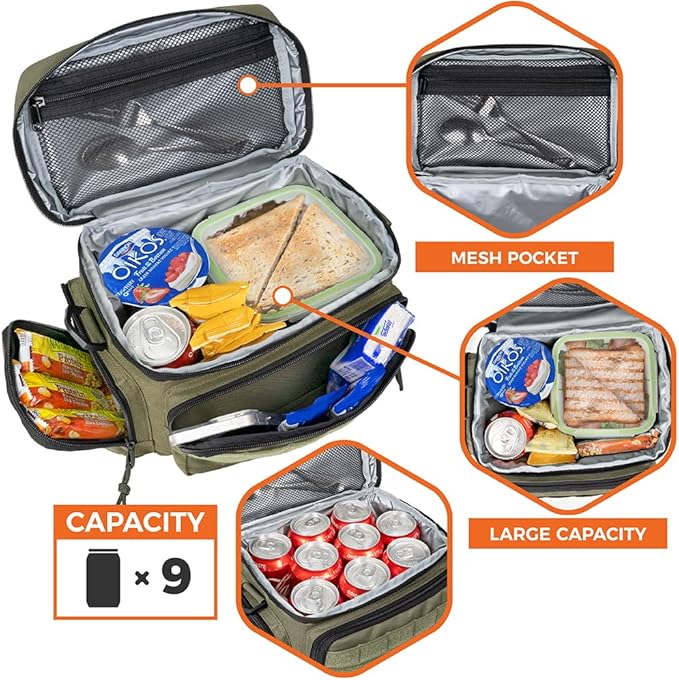 opux Tactical Lunch Box for Men, Olive Mens Insulated Lunch Bag for Adult, Leakproof Soft Lunch Cooler with MOLLE Mesh Side Pockets, Multicam Heavy Duty Lunchbox Pail for Work Women, Medium 10 Cans