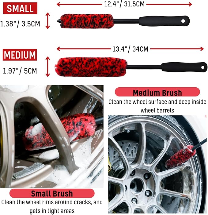 Wheel Brushes for Cleaning Wheels (4 Pro Pack)- 2X Soft Wheel Cleaning Woolies Brush, Detailing Brush and Stiff Tire Brush, Scratch Free Durable Car Wheel Rim Brush Kit for Car Rim and Tire Detailing