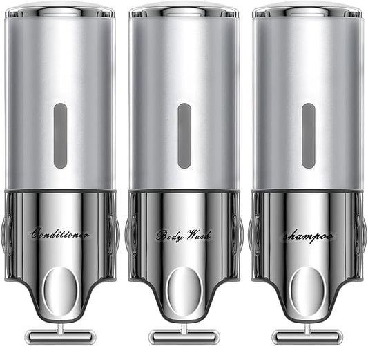 Shampoo and Conditioner Dispenser,Dispensers for The Shower,Shower Soap Dispenser 3 Chamber No Drill,Shampoo Conditioner Body Wash Dispenser Wall Mount for Bathroom(Triple x 17.6 oz,Silver)