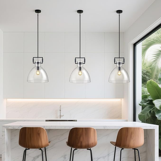 Mondern Large Black Kitchen Island Pendant Light, 14 '' W 1-Light Glass Chandelier,Island Pendant Lights,Farmhouses Pendant Light, for Kitchen,Dining Room,Bathroom,Includes Bulbs