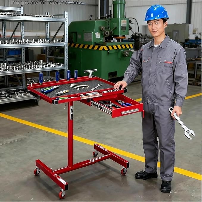 Mobile Tool Cart and Workbench, Adjustable Work Table with Wheels, Mechanic Rolling Heavy Duty Tool Tray Table for Garage Repair Shops