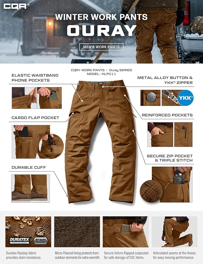 CQR Men's Winter Tactical Cargo Pants, Thermal Fleece Lined Outdoor Snow Ski Hiking Work