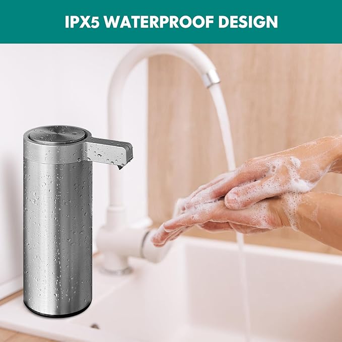 9 oz. Automatic Soap Dispenser Stainless Steel with Sensor Infrared Soap Dispenser Electric IPX5 Waterproof USB-C Charging Motion Sensor for Kitchen & Bathroom (Brushed Silver)