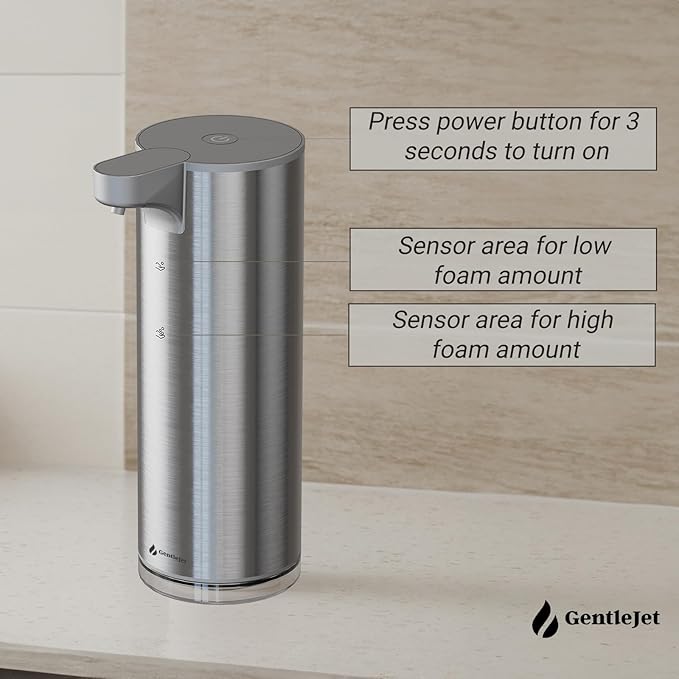 EasyFoam Automatic Foaming Soap Dispenser - Rechargeable Automatic Soap Dispenser Touchless for Bathroom or Kitchen, Motion Sensor, 2 Levels, IPX5 Water-Resistant, 9.5oz (Silver)