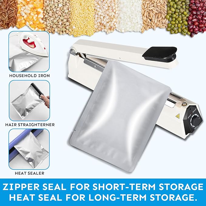 Mylar Bags 2Gallon 60PCS 13"X17" for Food Storage with Oxygen Absorbers&Labels,10Mil Thick Resealable Zipper&Heat Seal Stand Up Pouches for Packaging Long Term,Dried Food,BPA Free