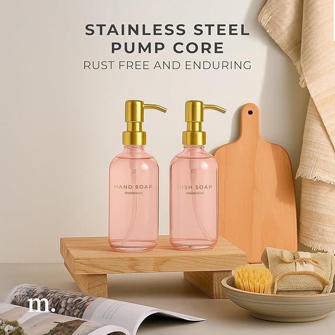 MaisoNovo Soap Dispenser 2-Piece Set | 16.9oz Pink Bottles with Gold Stainless Steel Pumps