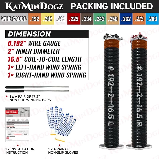 Pair of 2" Garage Door Torsion Springs Set with Non-Slip Winding Bars & Gloves, High Precision Electrophoresis Oil-Free Black Coated for Replacement, MIN 16,000 Cycles (0.192 x 2"x 16.5")