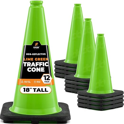 Xpose Safety 18” Lime Green Traffic Cone - 12 Pack - Premium PVC Safety Cone for Parking, Caution, Construction, Road Crews, Emergency Vehicle - DOT Approved