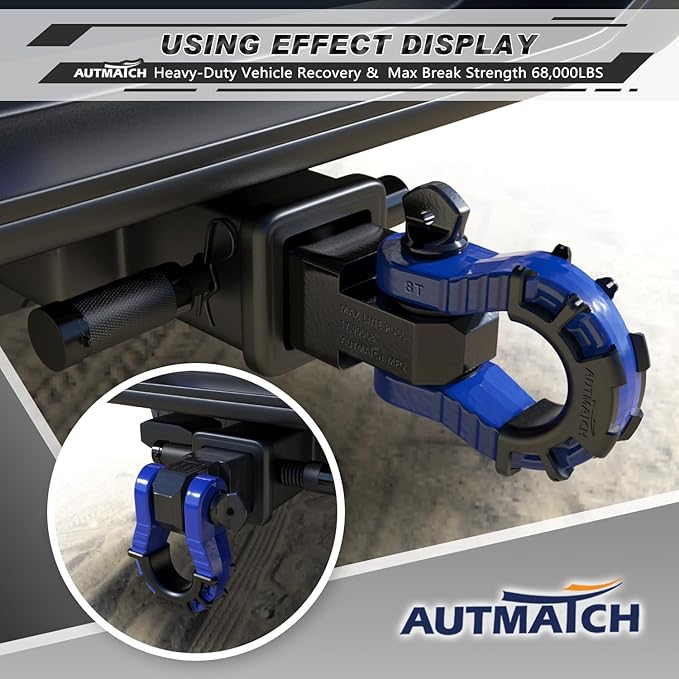 AUTMATCH Shackle Hitch Receiver 2" with 3/4" Mega D Ring Shackle and 5/8" Trailer Hitch Lock Pin, 68,000 Lbs Break Strength Heavy Duty Receiver Towing Kit for Off-Road Vehicle Recovery, Black & Blue